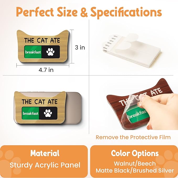 Cat Feeding Reminder Supplies with Magnet, Pet Meal Tracker with The Cat Ate, Acrylic Unique Ear Shape 2 Area Feed Sign with Breakfast and Dinner, Beech with 2 Stickers, 4.7" x 3", 1 Pack
