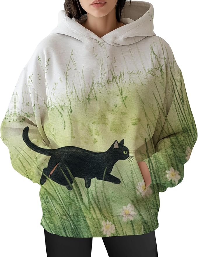 Womens Funny Cat Hoodies Oversized Graphic Hooded Sweatshirt for Women Fall Plus Size Pullover Hoodie Y2K
