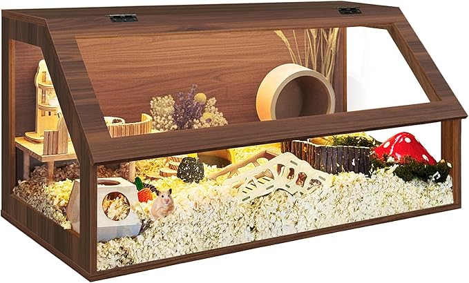 PROLEE Hamster Cage Chewproof, Sloped Mice and Rat Habitat with Clear View, Solid Built with Lockable Design and Openable Top (Walnut)