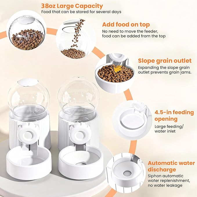 38oz Hanging Automatic Food Water Dispenser, Large Capacity Gravity Rabbit Water Dispenser and Feeder Set, for Bunny Guinea Pig Chinchilla Ferret Cage Accessories (White)