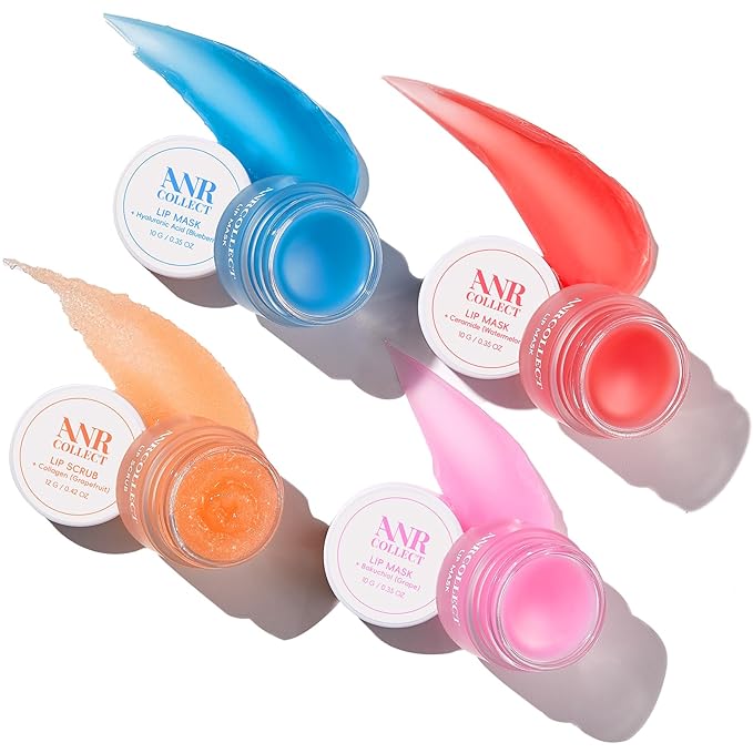 ANRCOLLECT Lip Mask Set, 1 Lip Scrub +3 Overnight Lip Mask, Lip Glowy Balm and Scrub for Women, Exfoliating and Hydrating Dry, Chapped, Crack Lips, 4 Pack Lip Skincare Gift Set, Valentines Day Gifts