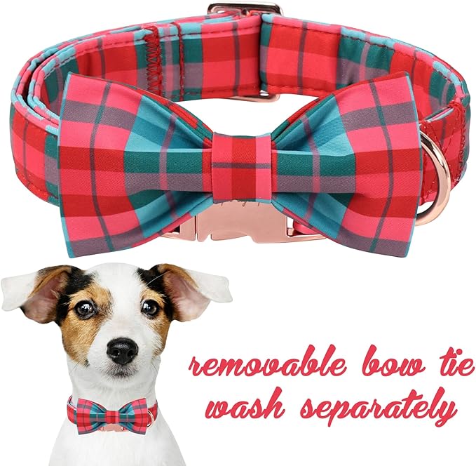 Unique Style Paws Christmas Dog Collar with Bow Red Green Grid Cotton Puppy Collars for Small Medium Large Dogs
