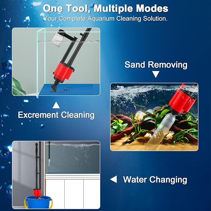 Electric Aquarium Gravel Cleaner Vacuum, Removable Water Changer, Automatic Changer with Multi-Function Nozzles, Strong Suction for Fish Tank Sand Cleaning, Water Changing and Waste Removal