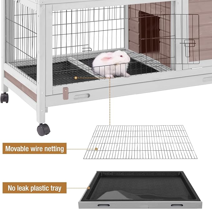 GUTINNEEN Large Mobile Rabbit Hutch Indoor Outdoor with Wheels, Deep Leak-Proof Pull-Out Tray & Wire Mesh, Waterproof Asphalt Roof Small Animal Cage with Openable Roof for Rabbits & Guinea Pigs