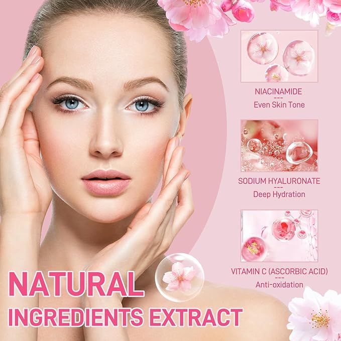 Sakura Skincare Set, Cherry Blossom Skin Care Sets & Kits, Skin Care for Girls 10-12, Including Cleanser, Toner, Serum, Eye Cream, Facial Cream, Travel Size Skincare Set for Women Girls