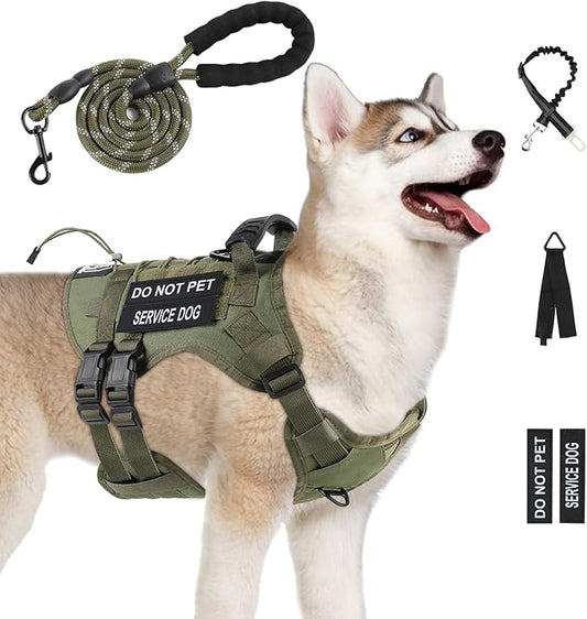 No Pull Tactical Dog Harness for Large Dogs, Escape Proof Molle Dog Vest Harness and Leash Set, Adjustable Military Service Dog Harness with Handle for Medium Large Dogs(Green, M)