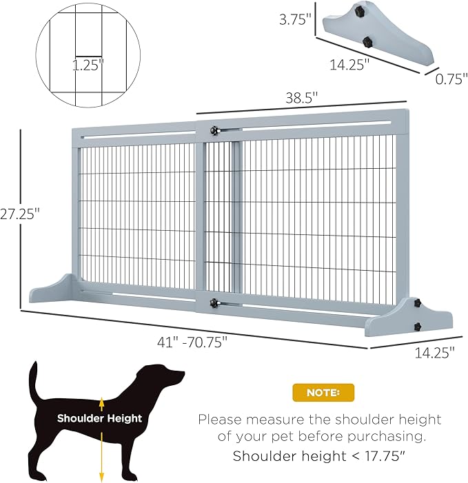 PawHut 72" W x 27.25" H Extra Wide Freestanding Pet Gate with Adjustable Length Dog, Cat, Barrier for House, Doorway, Hallway, Blue-Gray