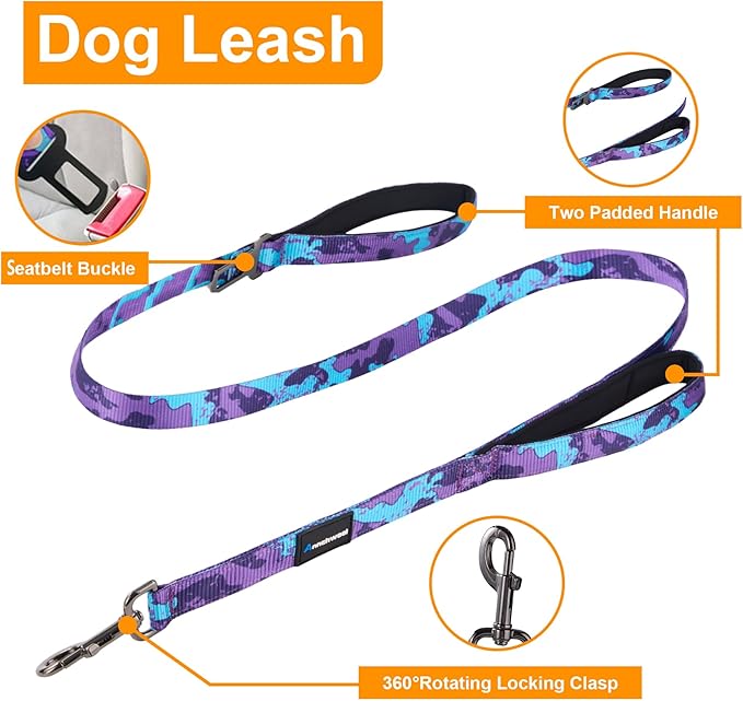 Annchwool No Pull Dog Harness,Heavy Duty Collar & Leash Set-Leash with Double Handle & Car Seatbelt Clip-Easy Control for Walking Training Medium Large Size Dogs(Camo Purple,XL)