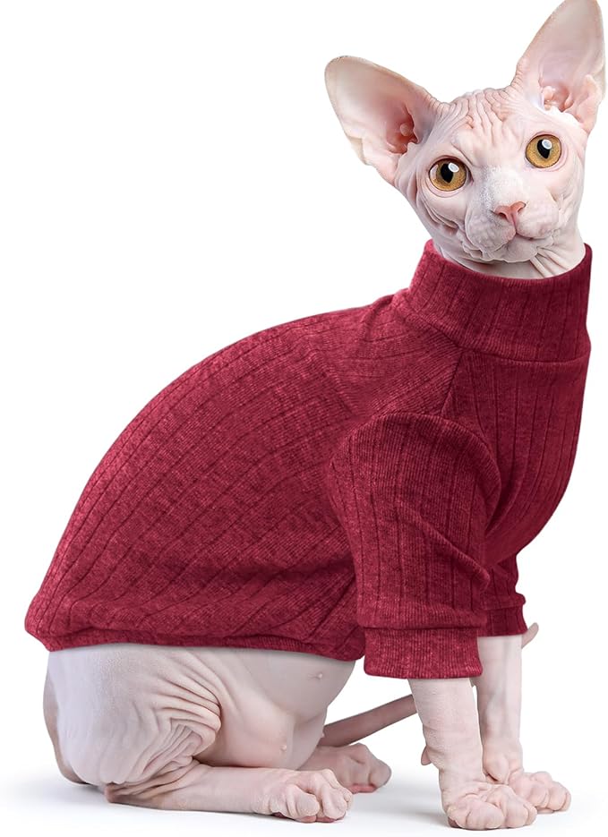 Idepet Sphynx Hairless Cats Sweater Shirt Kitten Soft Puppy Clothes Pullover Cute Cat Pajamas Jumpsuit Cotton Apparel Pet Winter Turtleneck for Cats and Teacup Chihuahua Small Dogs(Red,S)