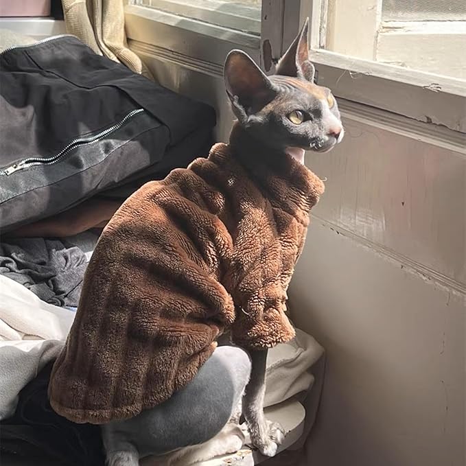 Turtleneck Sweater for Sphynx Cat Soft Coral Fleece Cat Clothes Thick Winter Warm Outfit Coat for Hairless Cats and Small Dogs Apparel with Sleeves (Brown, XXL (13.3-16 lbs))