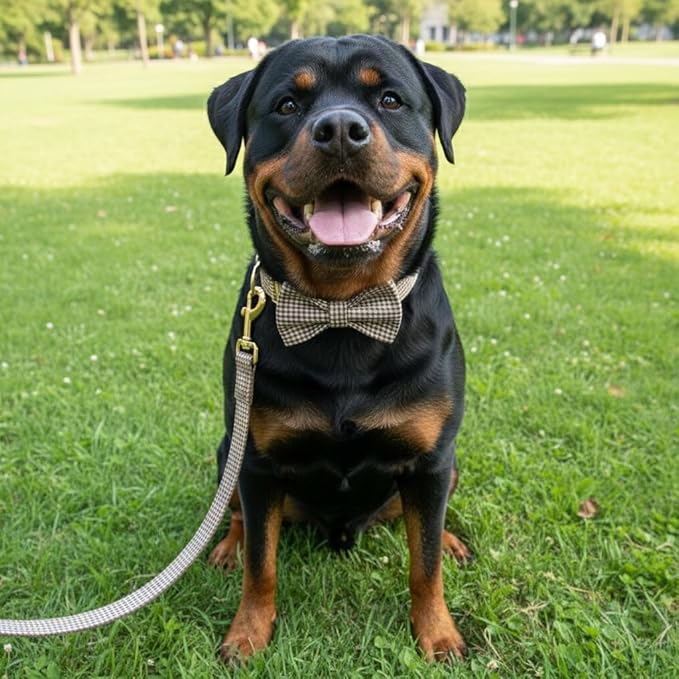 PETDURO Personalized Gingham Plaid Dog Collar Coffee - Engraved Name and Phone Number on Gold Metal Buckle - Custom for Small Medium Large Boy Girl Dogs - Add Leash Bow Tie via Customize Now