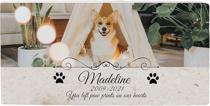 Custom Dog Memorial Stone, Personalized Pet Headstones for Dogs, Outdoor Pet Grave Markers with Photo Print and Text, Loss of Pet Sympathy Gift, 12”x6”x1.25" Pet Grave Stone (C. Madeline Design)