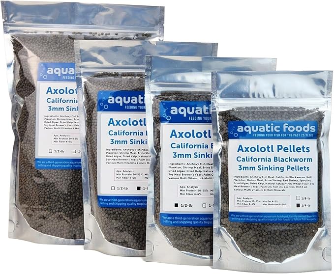 Aquatic Foods Inc. Axolotl Blackworm Pellets. 3mm-1/8 Sinking California Blackworm Medium Pellets for Medium/Large Axolotl, Frogs, Shrimp, Salamanders, Newts, Snails…1/2-lb Pouch Bag