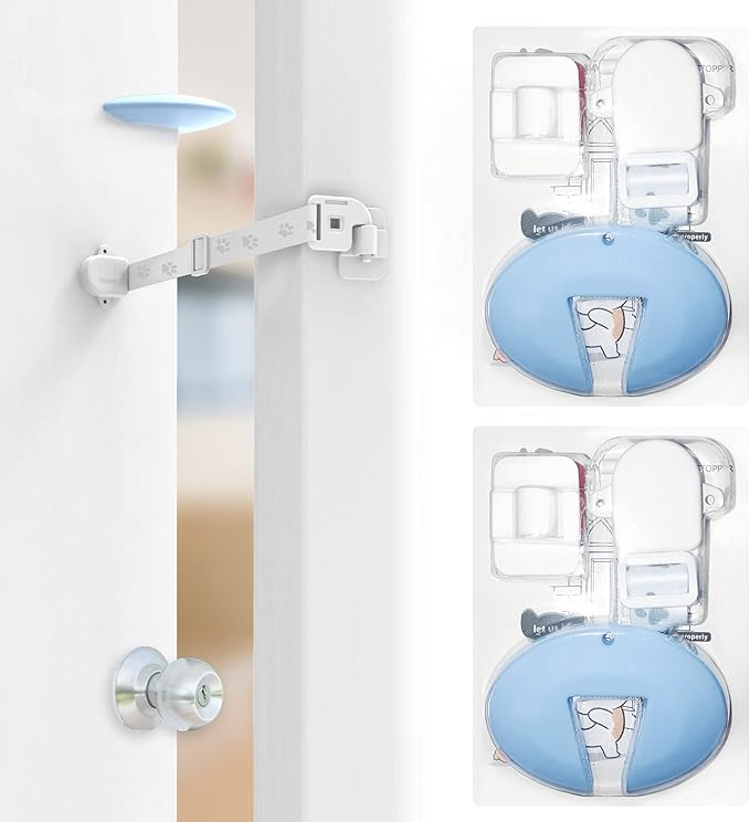 Adjustable Door Strap and Latch, Textile Cat Door Latch to Keep Dog Out of Litter Box, Economical Alternative of Pet Gates and Interior Cat Door, Magnetic with Stopper 2 Packs