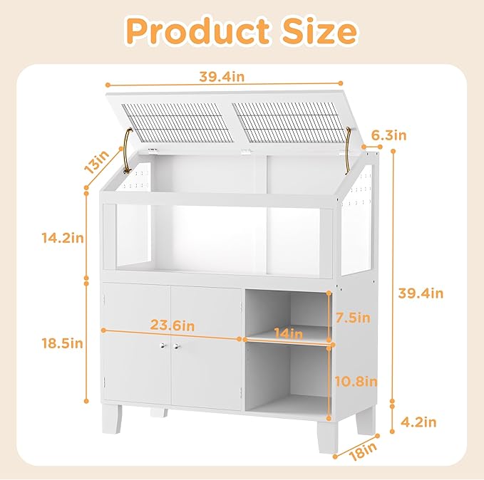 Hamster Cage with Storage Cabinet Small Animal Cage, Natural Solid Wood Large Guinea Pig Cages with Acrylic Windows for Easy Viewing, Hedgehog Cage for Gerbil,Rat, Hedgehog, Habitats, White
