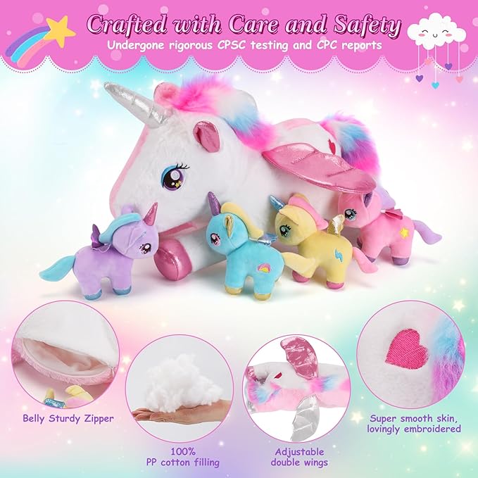5 Pieces Unicorn Stuffed Animals - 1 Mommy Stuffed Unicorn with 4 Babies - Unicorns Gifts for Girls Ages 3 4 5 6 7 8, Unicorns Plush Toys for Christmas, Valentine's, Birthday Gifts (Pink)
