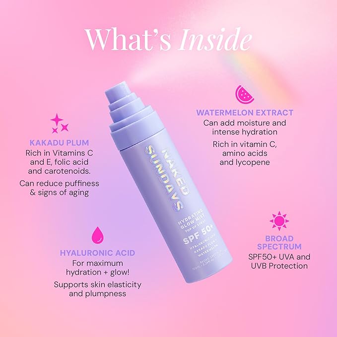 Naked Sundays SPF 50 Hydrating Glow Face Mist – Daily Sunscreen Spray & Makeup Setting Spray with Hyaluronic Acid, Lightweight, Non-Greasy & Hydrating (75ml)