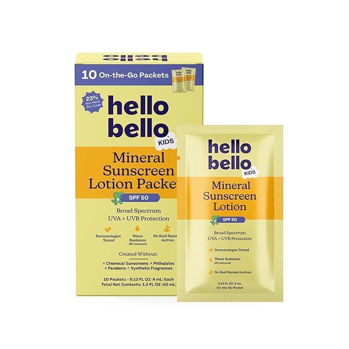 Hello Bello Kids SPF 50 Mineral Sunscreen Lotion - 10 Count Travel Packets - Water Resistant Broad Spectrum UVA + UVB Sun Protection
