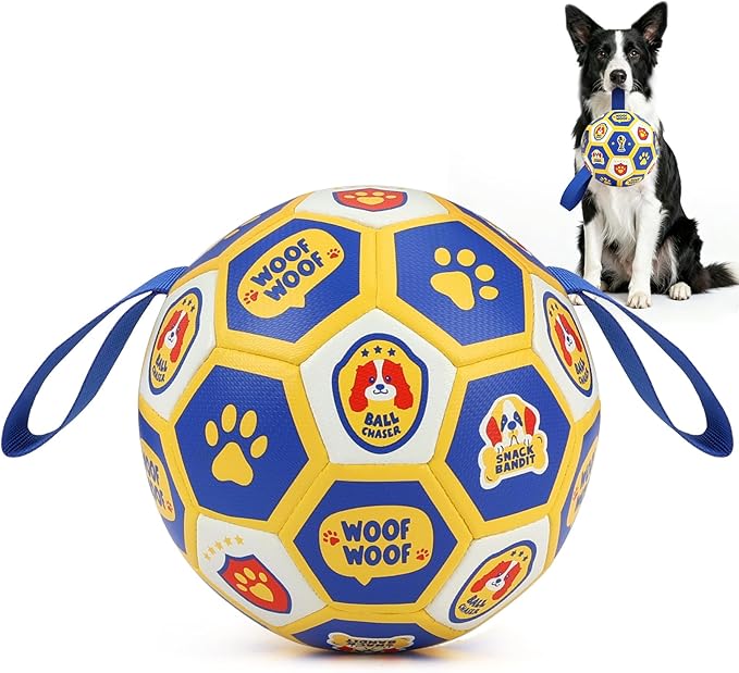 Vivifying Dog Toys Balls, Interactive World Cup Soccer Ball for Small Medium Dogs, Durable PU Enrichment Training Toy with Straps for Indoor and Outdoor Tug-of-War & Playing (6 Inches)