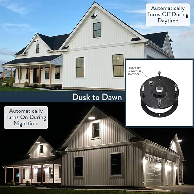 Steel Lighting Co. | Dusk to Dawn | Hawthorne Barn Light | Outdoor Wall Mounted | 8 in Dome | 6 in Straight Arm| Small Farmhouse Light Made in America | Navy Blue/Brass