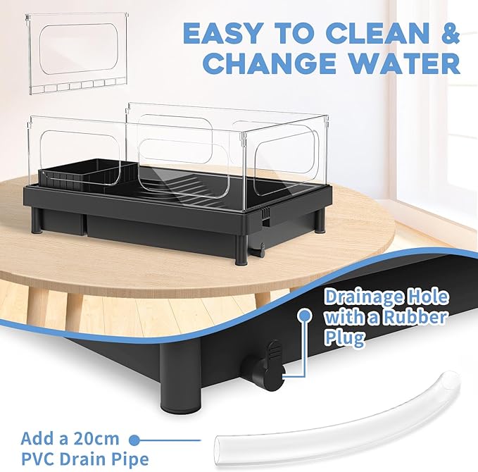 Small Turtle Tank Kit, Acrylic Turtle Tank Starter Kit with Basking Platform, Bottom Drainage, Multi-Function Areas for Turtles, Crabs, Crayfish, Small Reptiles. (Black+White)