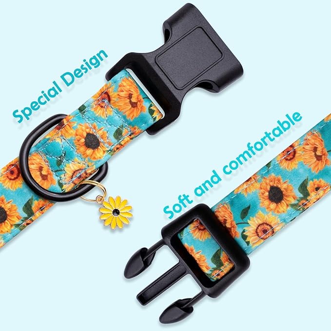 Faygarsle Dog Collar for Small Medium Large Dogs Cute Light Green Puppy Collars for Female Dogs Sunflower Patterned Pet Collars for Summer Spring Wedding Puppy Girl Dog Collar M
