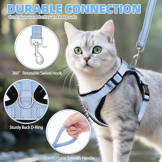 PUPTECK Cat Harness and Leash Set Escape Proof Reflective Cat Walking Harness Adjustable Soft Breathable Mesh Vest for Small Pets, Sky Blue, L