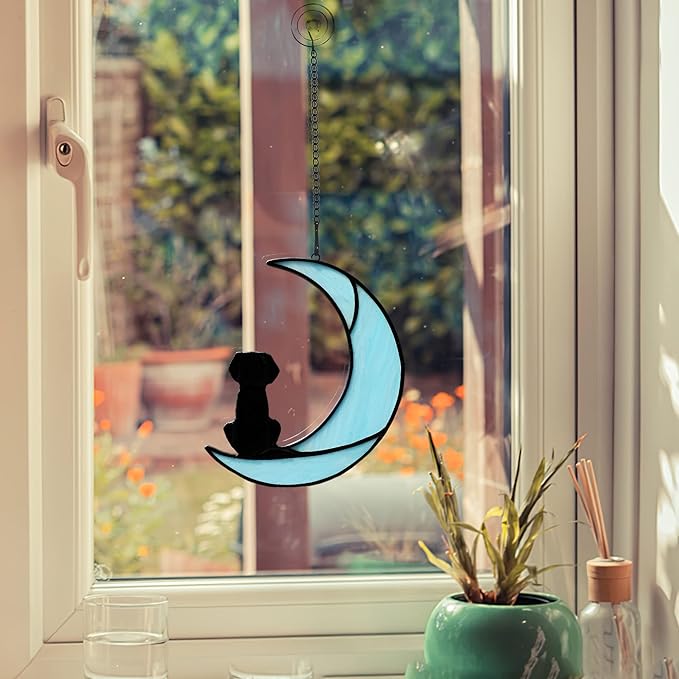 BOXCASA Loss of Dog Sympathy Gift,Stained Glass Dog on Moon Suncatcher Gifts,Black Dog Memorial Gifts for Pet Loss Gifts,Pet Sympathy Gifts for Dog Lovers