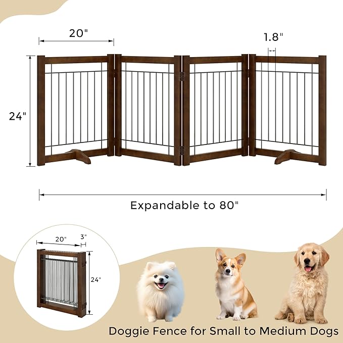 Wire Dog Gate Solid Wood Frame, Anti-Chewing, 4-Panel, 24" Height, 80" Width, Indoor Freestanding Pet Gate Foldable Wooden Dog Fences for Stairs, House, Doorway, Walnut Color