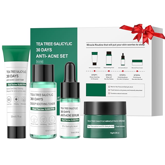 Tea Tree Salicylic Acid Facial Skin Care Set, Acne Treatment Skincare Set ,Skincare Mini Kit, Facial Kit Gifts for Women,Cleanser, Toner, Serum, Cream,Oil Control Facial Kit, Travel Size Set
