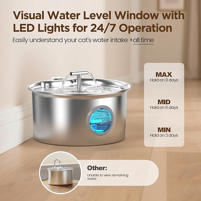 Cat Water Fountain Stainless Steel: 2.6L Cat Fountain for Drinking - Pet Water Fountain for Cats Indoor - Automatic Pet Water Dispenser Bowl - Best Auto Feeding Supplies Gift for Small Dog Large Kitty