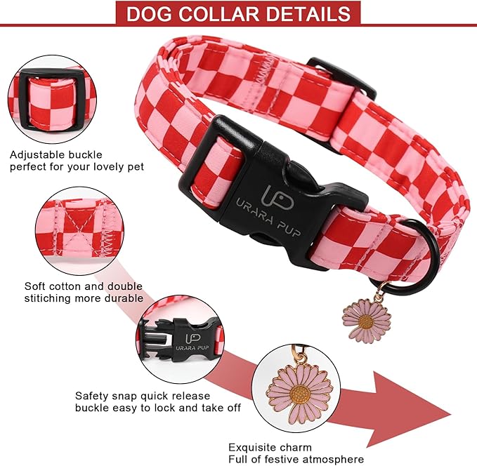 Red and Pink Plaid Dog Collarwith Bow Tie– Adjustable Red & Pink Checkered Dog Collar for Small Medium Large Dogs, Soft Xmas Plaid Puppy Collars with Quick Release Buckle S