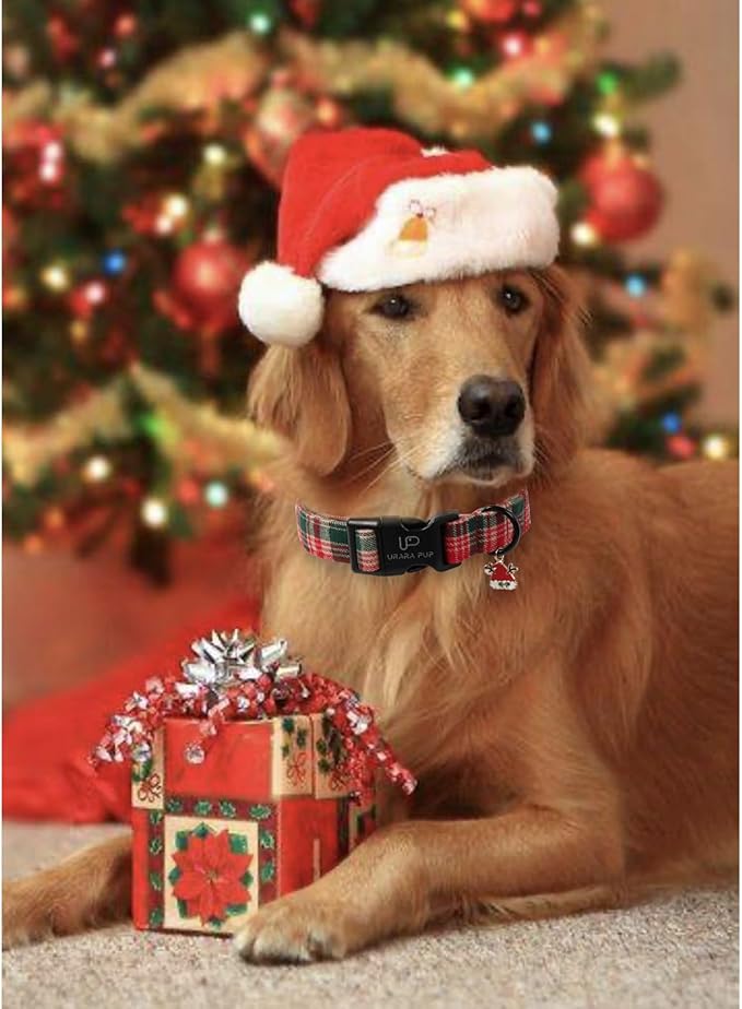 Christmas Dog Collar– Adjustable Red & Green Checkered Dog Collar for Small Medium Large Dogs, Soft Xmas Plaid Puppy Collars with Quick Release Buckle S