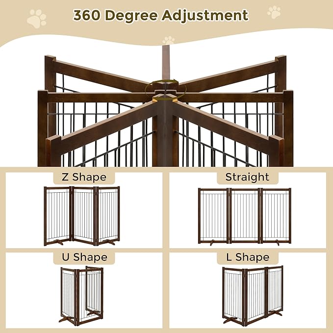 Wire Dog Gate Solid Wood Frame, Anti-Chewing, 3-Panel, 36" Height, 60" Width, Indoor Freestanding Pet Gate Foldable Wooden Dog Fences for Stairs, House, Doorway, Walnut Color