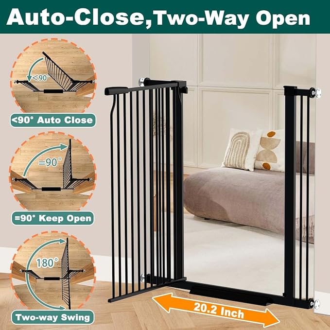 Fairy Baby 40.5" Extra Tall Baby Gate for Stairs, Fits Openings of 40.6" to 54.7" Wide, Extra Wide Dog Gate Indoor, Pressure Mounted Walk Thru Swing Auto Close Metal Puppy Barrier for Doorway, Black