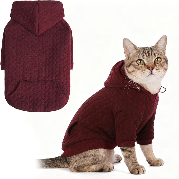 EXPAWLORER Textured Cable Knit Basic Dog Hoodie, Elevated Style Dog Sweater with Leash Hole and Pocket, Soft and Warm Pet Winter Coat, Cold Weather Clothes for Small Medium Large Dogs Cats,Wine Red XS
