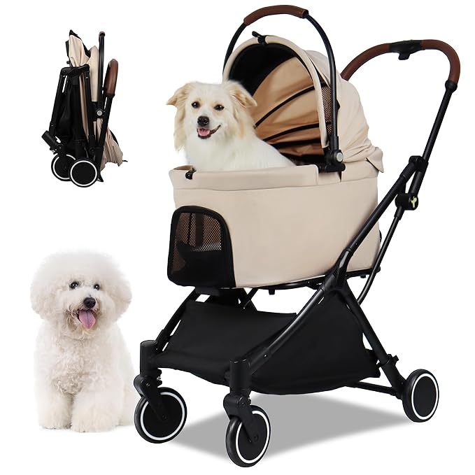 Pet Stroller for Small Dogs & Cats – Gravity Foldable 3 in 1 Dog Stroller with Lightweight Removable Carrier Holds up to 44 lbs & 180° Canopy with Storage Basket