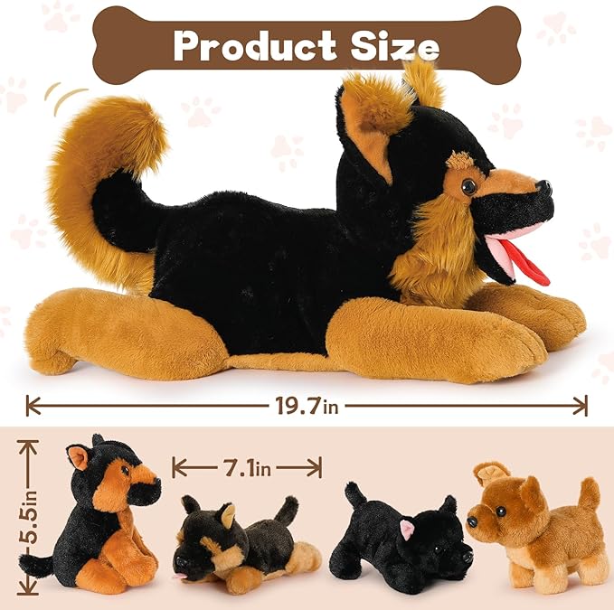 German Shepherd Stuffed Animals, 20 Inch Plush Toys with 4 Babies, Gift for Kids
