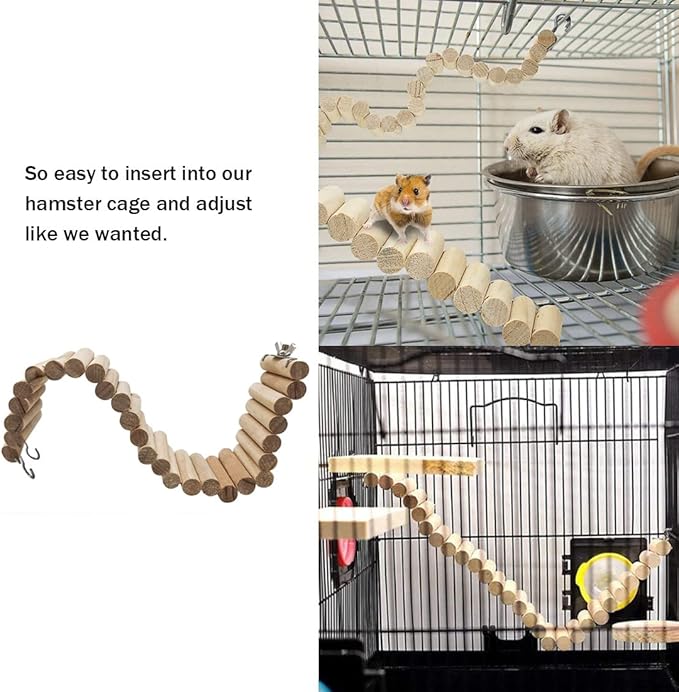 Hamiledyi Hamster Wooden Bridge - Bendy Climbing Ladder, Long Suspension Bridge, Chew Toys for Rat, Mice, Gerbil, Chipmunk, Sugar Glider