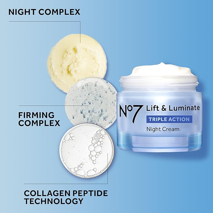 No7 Lift & Luminate Triple Action Night Cream - Anti-Wrinkle, Collagen Peptide Moisturizer with Skin Firming Hyaluronic Acid & Hibiscus - Helps Even Skin Tone for a Radiant Complexion (1.7 Fl Oz)