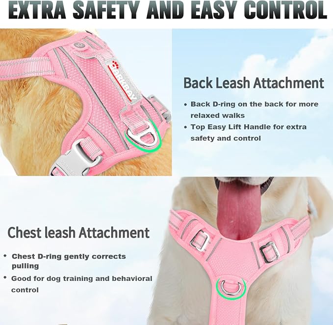 BARKBAY No Pull Dog Harness Large Reflective Dog Harness with Front Clip and Easy Control Handle for Walking Training Running with ID tag Pocket(Baby Pink,M)