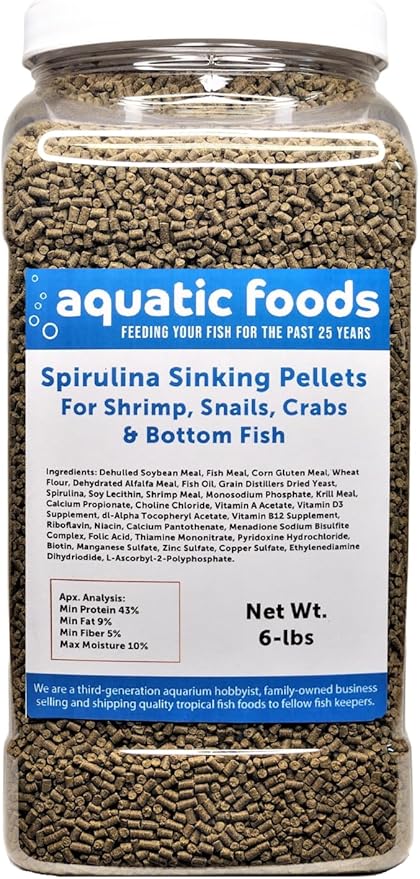 Aquatic Foods Inc. Spirulina Sinking Pellets for Shrimp, Snails, Crabs, Catfish, Plecos for All Tropical Fish 1/16" x 3/8" Pellets by Zeigler…6-lb Lg Jar