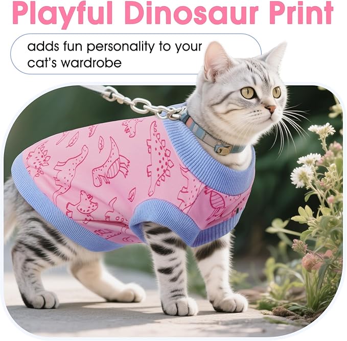 DENTRUN Sleeveless Cat Vest with Dinosaur Print, Breathable Ultra-Soft Dralon Fleece Cat Sweater, All-Season Pet Costume Apparel for Cats, Kitten Clothing for Indoor/Outdoor, Pink, XS