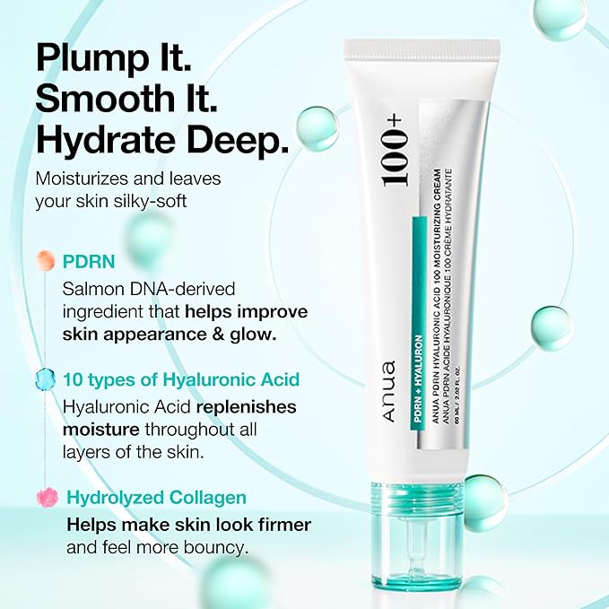 ANUA PDRN Hyaluronic Acid 100 Moisturizing Cream, Lightweight, Non-Greasy Hydrating Face Moisturizer with Salmon DNA for Glass Skin, Korean Skincare (2.02 fl oz)
