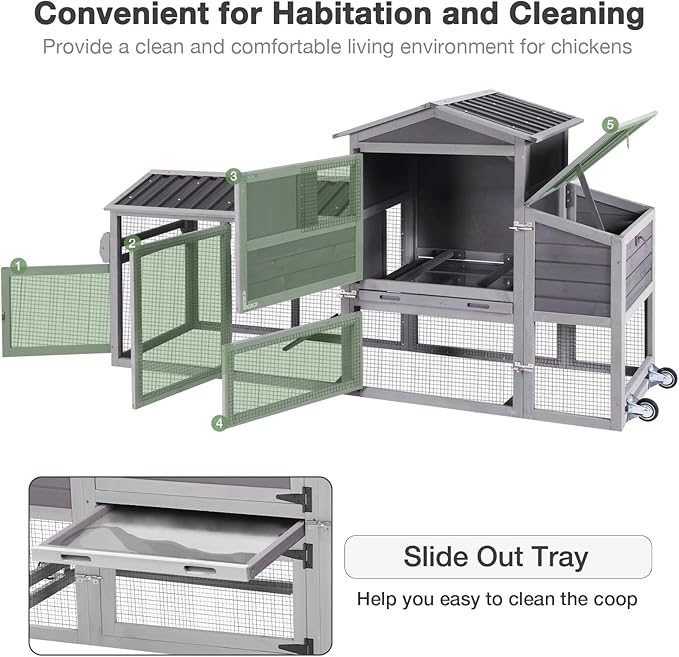 Chicken Coop with Run Large Hen House on Wheels Chicken House Poultry Cage with Nesting Box, Leakproof Pull-Out Tray, Waterproof Roof for 4-6 Chickens (Grey, 80.6" L x 26.6" W x 42.4" H)