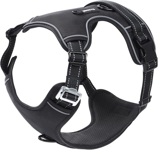 No Pull Dog Harness with 3 Snap Buckles,No Choke Front Lead pet Harness Reflective and Adjustable Soft Padded Vest for Small Medium Large Dog (Black, Medium)