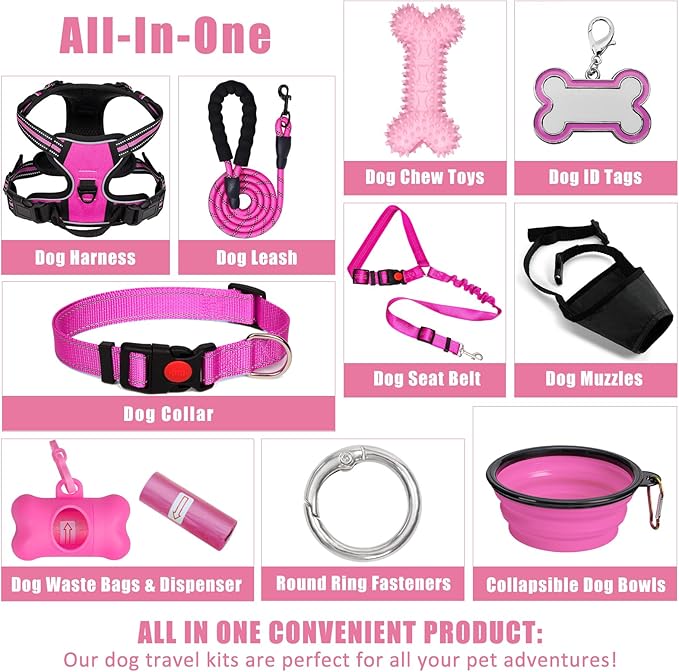 No Pull Dog Harness Adjustable Collar & Leash Set - Dog Halter Harnesses Collapsible Bowls & Poop Bag Dispenser Muzzle ID Tags Toys Fits Small Medium Large Dogs (Pink-L)