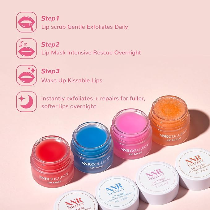 ANRCOLLECT Lip Mask Set, 1 Lip Scrub +3 Overnight Lip Mask, Lip Glowy Balm and Scrub for Women, Exfoliating and Hydrating Dry, Chapped, Crack Lips, 4 Pack Lip Skincare Gift Set, Valentines Day Gifts