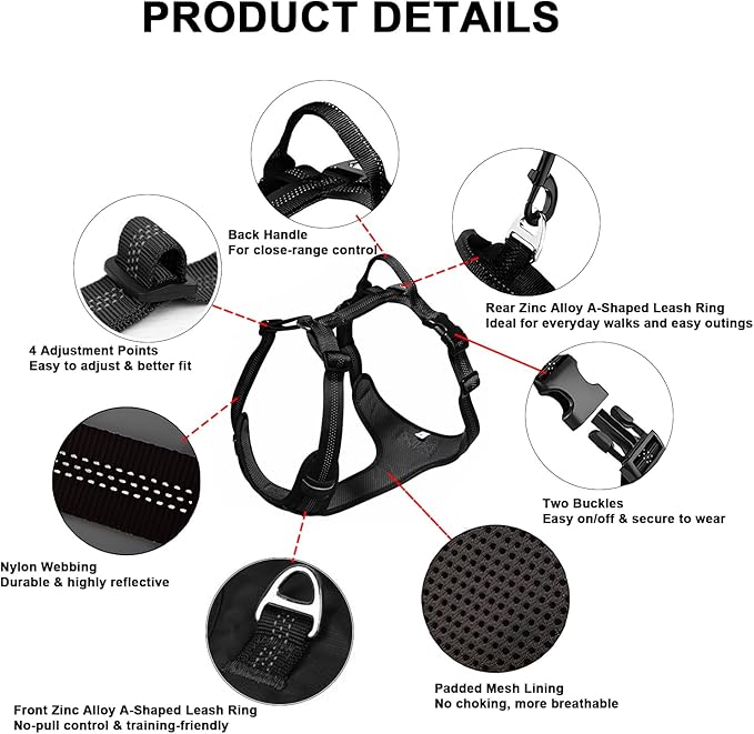 No Pull Dog Harness for Extra Large Dogs, Adjustable, Reflective Breathable Padded Vest with 2 Metal Leash Clips and Handle for Control or Car Seatbelt Use, Black, XL