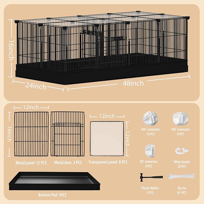 22 Panels Small Animal Playpen, Rabbit Cage with Doors & Waterproof Mat, Metal Wire Yard Fence, The Guinea Pig Cages for Hamsters, Chicken, Hedgehogs, Indoor Outdoor C&C Cage Black